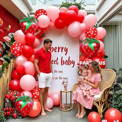 Strawberry Balloon Arch Kit Double Stuffed, Pastel Red Baby Pink Coral Balloon Garland with 18in Strawberry Foil for Berry First Birthday Baby Shower Sweet Mothers Day Wedding Party
