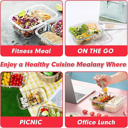 VERONES 10 Pack Glass Meal Prep Containers 2 Compartment Set, 30 OZ Airtight Glass Lunch Containers, Glass Food Storage Containers with Lids, for Microwave, Oven, Freezer & Dishwasher Friendly，Red