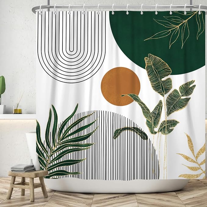 Mid Century Boho Modern Shower Curtain for Bathroom Abstract Sun Arch Geometric Leaves Minimalist Shower Curtain Set Waterproof Polyester Fabric 60x72 Inches