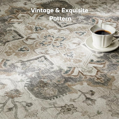 Marsail 6x9 Machine Washable Area Rug, Soft & Slip-Resistant Large Area Rug with Reinforced Bound Edges, Vintage Short-Pile Washable Rug with Floral Pattern for Living Room, Dinning Room and Bedroom