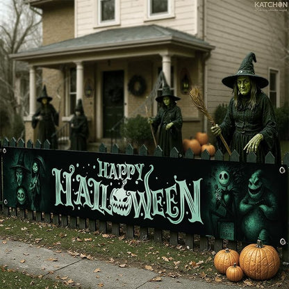 KatchOn, Happy Halloween Banner For Outdoor - 120x20 Inch | Halloween Yard Banner Decoration for Yard | Outdoor Banner for Porch, Fence or Garden Decoration | Hanging Banners for Halloween Decorations