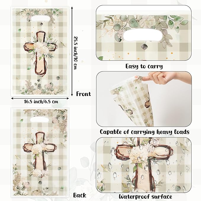 ANGOLIO 50Pcs White Floral God Bless Party Favor Bags Waterproof Baptism First Communion Goodie Bags with Handles Religious Christian Cross Candy Treat Gifts for Kid Easter Birthday Party Baby Shower