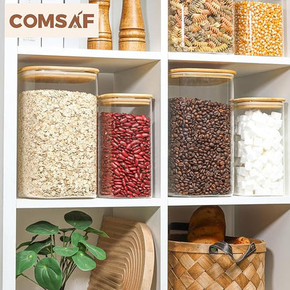 ComSaf 4.6Qt Glass Food Storage Containers, 1.2 Gallon Glass Flour and Sugar Containers with Airtight Lids, Large Square Jars with Bamboo Lids for Rice, Pasta, Oats, Grains, Cookies, Coffee Beans
