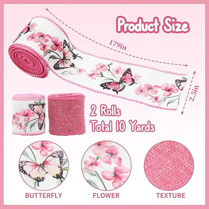 Pink Wired Ribbon for Wreath Bows, 2 Rolls, 2.5″ Wide, 10 Yards Total, Summer Pink Butterfly Floral Wired Ribbons for Crafts Supplies, Rustic Party, Wedding Ribbon Bow Decor