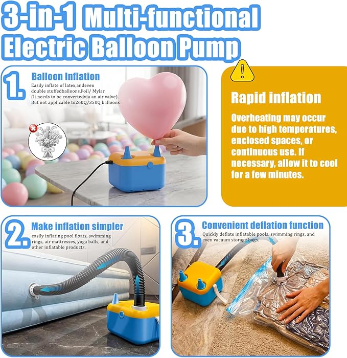 Electric Balloon Pump,6 in 1 Multifunctional Inflator with 6 Nozzles & Extension Tube,Fast Inflator Deflator Air Blower for Balloons,Party Decoration,Pool Floats Air Mattress,Inflatables & Vacuum Bags