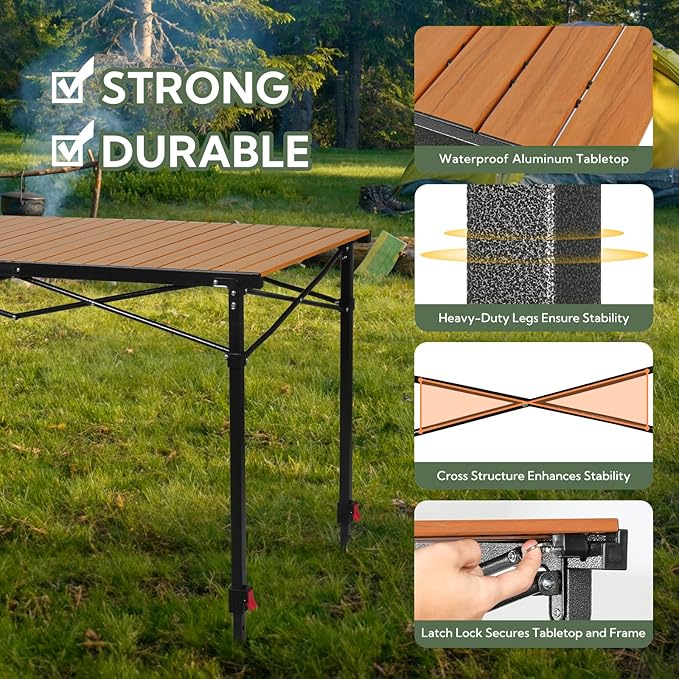 Join Nature Portable Outdoor Adjustable Height Camping Table, Large for 2-6 Person, Foldable Roll-up Aluminum Camp Table with Carry Bag for Picnic, Camp, Sturdy, Stable, Loads 220 Lbs