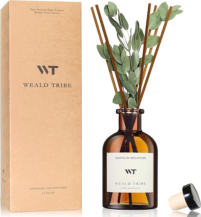 WEALD TRIBE Flower Reed Diffuser Set Eucalyptus & Lavender Scent For Bathroom Accessories Shelf Decor & Air Fresheners, Sticks Defusers With 4.0 fl oz Essential Oils, House Bedroom Office Decor & Gift