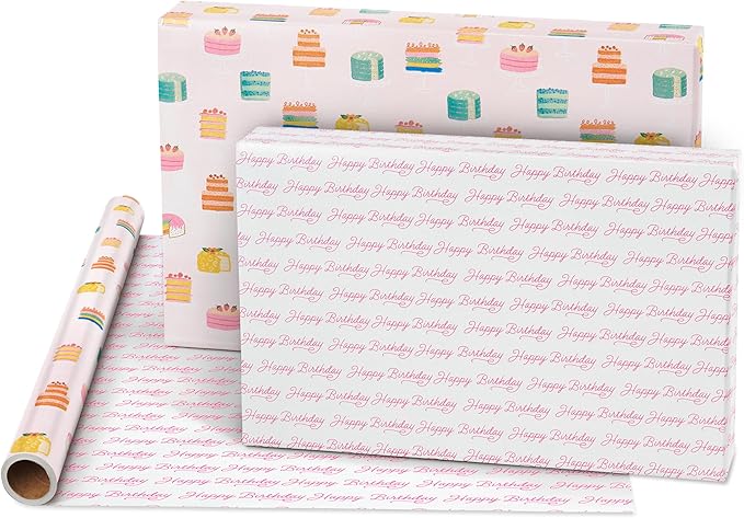 American Greetings 160 sq. ft. Reversible Wrapping Paper Bundle for Birthdays and All Occasions, Floral and Happy Birthday Text (4 Rolls, 30 in. x 16 ft.)