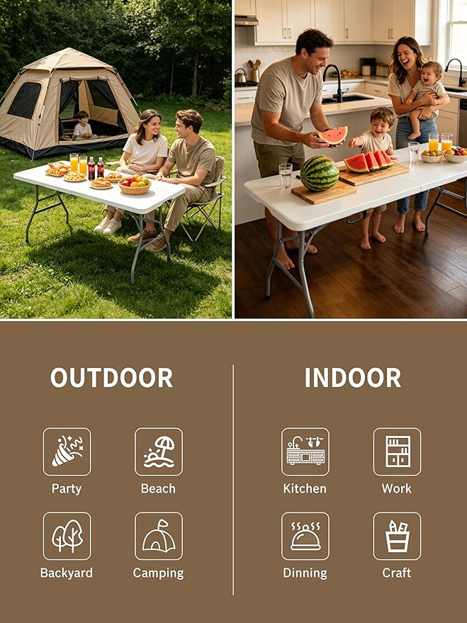 6FT Folding Camping Table Portable 350lbs, 6 Foot Folding Picnic Card Table for Outdoor, Plastic Rectangular Dining Work Tables for Indoor, Heavy Duty Fold-in-Half Tray Tables, 71x29 inch