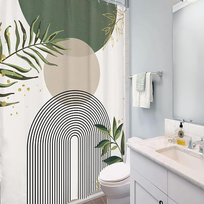 Small Stall Green Boho Shower Curtain 54Wx78H Rv Modern Bohemian Abstract Sage Green Gold Leaves Plant Minimalist Narrow Half Bathroom Decor Geometric Bath Curtain Fabric Polyester 12 Pack Hook