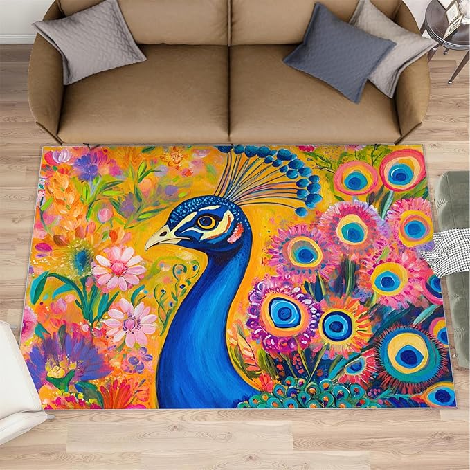 Peacock Rugs for Living Room - 8x10 Rug, Boho Floral Botanical Area Rugs for Bedroom, Wonderful Peacock Rug, Peafowl Washable Carpet, Floral Animal Carpet - Peafowl Home Decor & Gifts