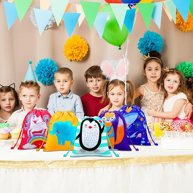 Kinlop 16 Pack Drawstring Party Favor Bags for Kids Birthday Party School Drawstring Candy Goody Bag with Cartoon Animal Designed for Baby Boys and Girls (8 Styles)