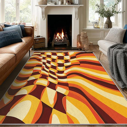 70s Retro Rugs 5x8, Orange Brown Abstract Washable 5 x 8 Area Rug for Living Room, Bedroom, Low Pile Non Slip Stain Resistant Carpet, 70s Orange Home Decor Accessories & M833