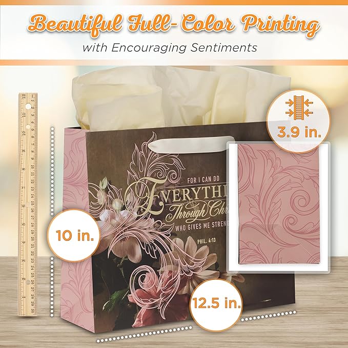 Christian Art Gifts Decorative Large Landscape Gift Bag w/Card & Tissue Paper Set for Women: Everything Through Christ - Phil. 4:13 Inspirational Bible Verse Golden Floral, Pastel Pink & Iris Brown