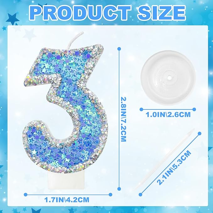 Blue Star Number 3 Candle for Cake Decoration, Glitter Star Cake Topper, Shaker Style Number Candle for Anniversary Celebration Party Supplies