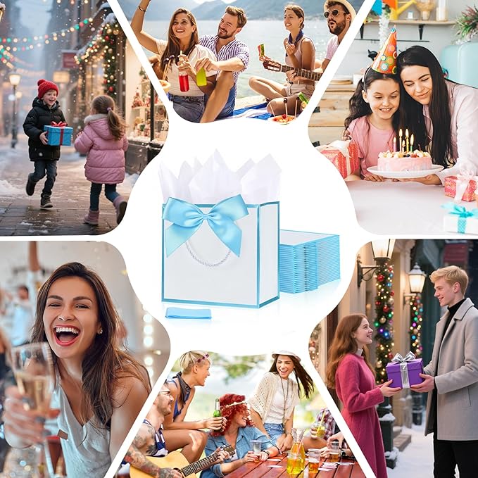 SHIPKEY 10 PCS Blue Gift Bags, 7.4"x2.8"x5.9" Small Welcome Bags, Luxury Shopping Bag with Ribbon Handle and Bows (18.8x7x14.8cm)