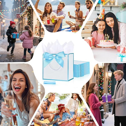 SHIPKEY 10 PCS Blue Gift Bags, 7.4"x2.8"x5.9" Small Welcome Bags, Luxury Shopping Bag with Ribbon Handle and Bows (18.8x7x14.8cm)