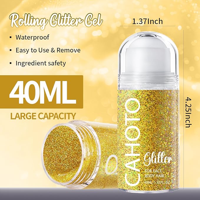 CAHOTO Gold Rolling Glitter for Face Body & Hair, Sparkling Holographic Chunky Shimmer, Roll-on Sequins for Singer Concert Mardi Gras Rave Festival Halloween Party Carnival, 1.35fl.oz