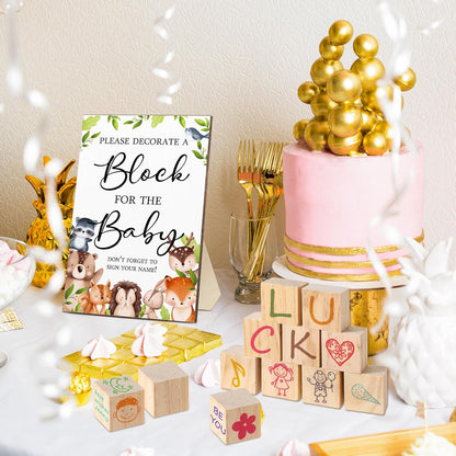 Tatuo 75 Pcs Baby Shower Games Sign Kit Including Decorate a Block Game Sign 50 DIY Wooden Block 24 Acrylic Paint Marker Baby Shower Prize for Gender Reveal Party(Woodland)