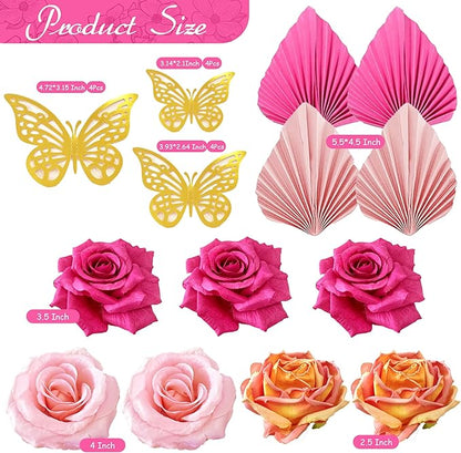 Boho Cake Topper Flower Palm Leaves Cake Decorations for Bohemian Wedding Baby Shower Birthday Party Supplies (Hot Pink)