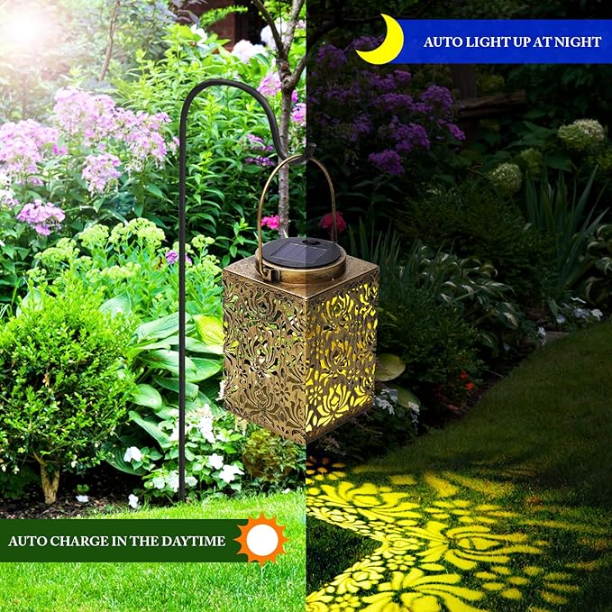2 Pack Bronze Solar Lanterns - Waterproof Metal Hanging Solar Lights Outdoor Decorative, Solar Powered LED Lamp for Patio Tabletop Porch Deck Yard Garden Decor for Outside (Rose)