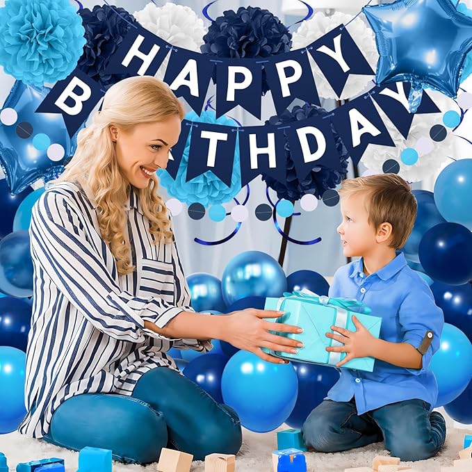 Navy Blue Birthday Decorations, Happy Birthday Banner with Paper Pompoms, Hanging Swirls, Garland, Party Balloons Happy Birthday Party Decorations for Women Men Boys Girls