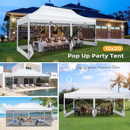 COBIZI 10x20 Heavy Duty Pop Up Canopy Tent with 6 Sidewalls, Easy Set Up Outdoor Waterproof Screen Commercial Party Tent with Mosquito Netting for Parties Backyard Patio, Roller Bag, White
