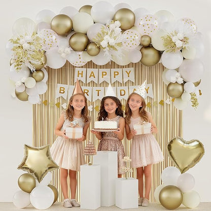 Gold Birthday Decorations for Women, Happy Birthday Party Decorations, Happy Birthday Banner, Gold White Sand Ivory Balloons, Tissue Paper Pompoms, Heart Garland, Party Decor for Girls
