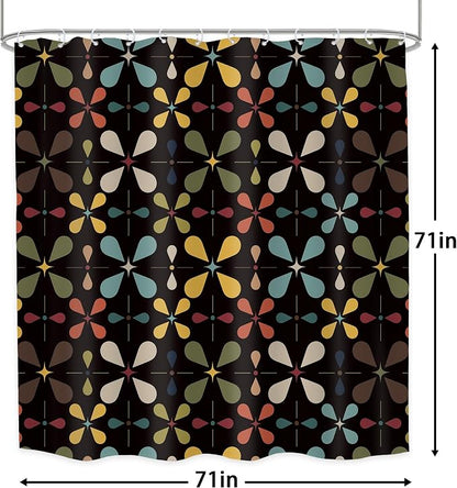 Black Boho Mid Century Shower Curtain Bathroom Set 71Wx71H Inches Colourful Vintage Modern Abstract Retro Chic Geometric Women Men Bath Accessories Bohemian Art Home Decor Fabric 12 Pack Hooks