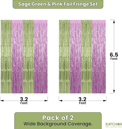 KatchOn, Sage Green & Pink Fringe Backdrop Curtain - Pack of 2 | Fringe Curtains for Boho Birthday Engagement Anniversary Baby Shower Bachelorette Decorations Sage Green and Pink Party Decorations