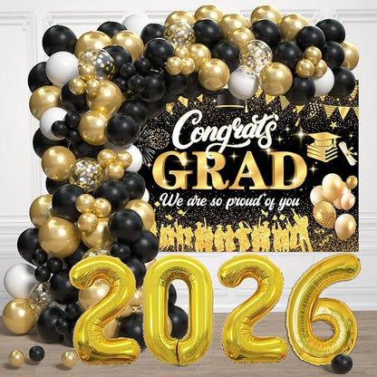 Black Gold 2026 Graduation Party Decorations - Graduation Balloon Arch Kit With Black Gold Graduation Balloons, Congrats Grad Backdrop, 2026 Foil Balloons For High College School Graduation Decor