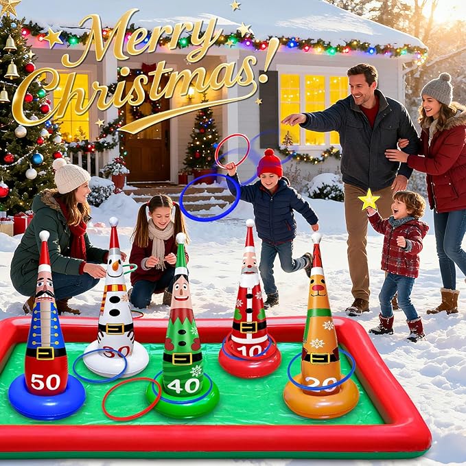 16 PCS Christmas Ring Toss Game Set for Kids Adults Santa Snowmen Elf Reindeer Nutcrackers Inflatable Christmas Games Family Toys for Home Xmas Carnival Party Supplies Favors Indoor Outdoor Decoration