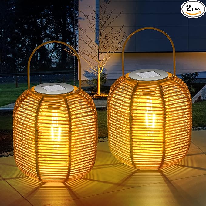 HPC Decor 2 PK Solar Lanterns-Outdoor Lanterns Waterproof, Rattan Solar Lights, Hanging Solar Lanterns Outdoor,Solar Lamp Lights,Decoration Lights for Garden,Patio,Porch,Trees,Pathway,Outside.