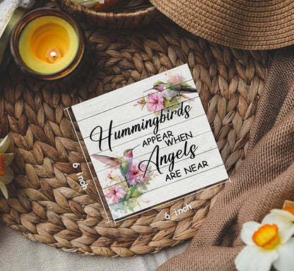 Hummingbird Decor, Hummingbird Gifts For Women, Hummingbirds Appear When Angels Are Near Wooden Box Signs, Farmhouse Floral Bird Wood Decoration Home Decor For Desk Table Shelf 6x6 Inch Decorative Signs & Plaques