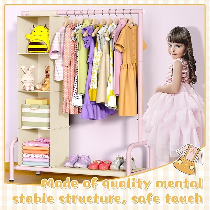Univivi Kids Clothing Rack with Hanging Organizer, Short Toddler Dress Up Storage Rack for Hanging Clothes, Kids Wardrobe Closet for Baby Clothes, Dance Costumes, Pink/Beige