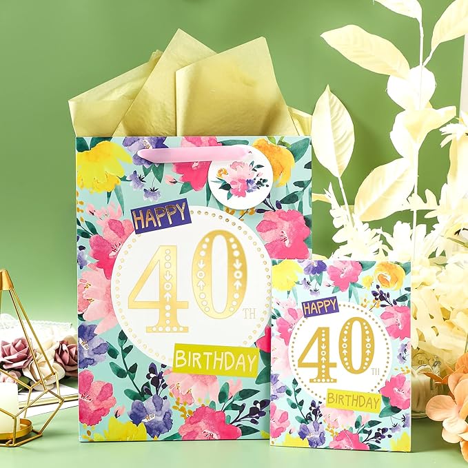 WRAPAHOLIC 13" Large 40th Birthday Gift Bag with Card and Tissue Paper - Floral 40th Birthday