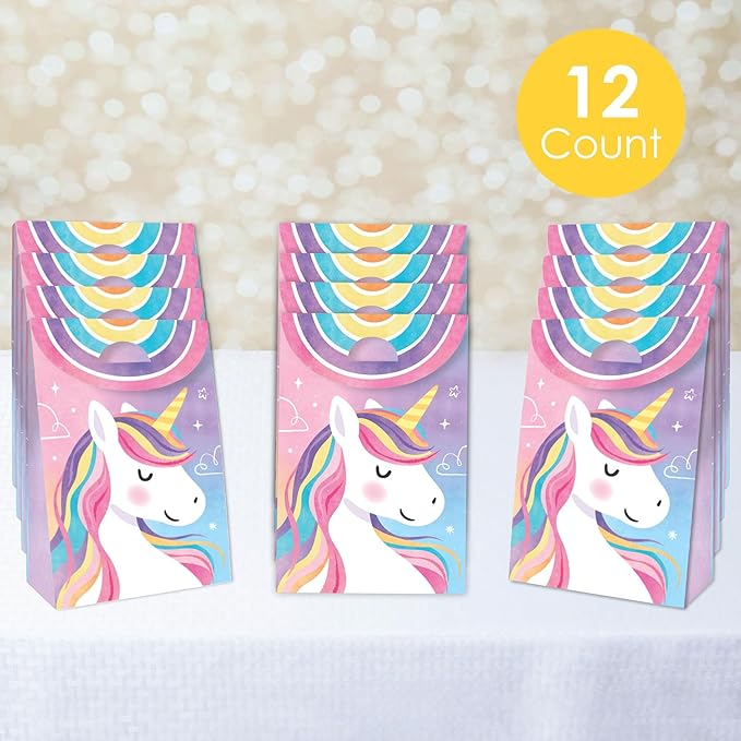 Big Dot of Happiness Unicorn Favor Boxes, Rainbow Happy Birthday Decorations, Magical Unicorn Party Goodie Gift Bags - Set of 12
