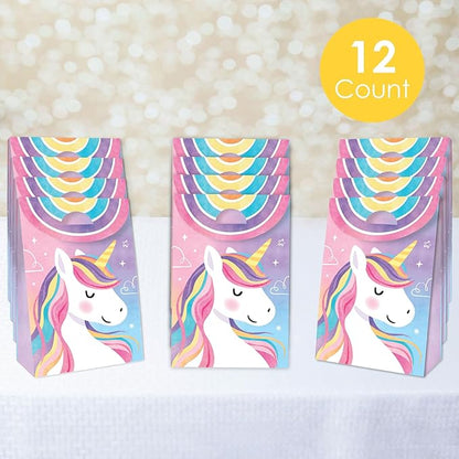 Big Dot of Happiness Unicorn Favor Boxes, Rainbow Happy Birthday Decorations, Magical Unicorn Party Goodie Gift Bags - Set of 12