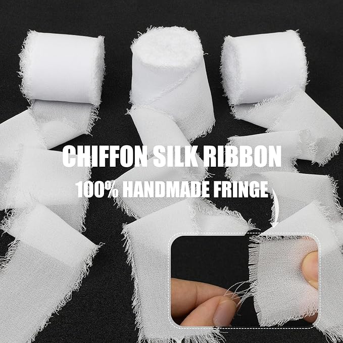 White Chiffon Ribbon - 1-1/2 Inch x 21 Yards Handmade Fringe Silk Ribbon for Wedding Invitation, Bridal Flower Bouquets, Floral Arrangement, Gift Wrapping
