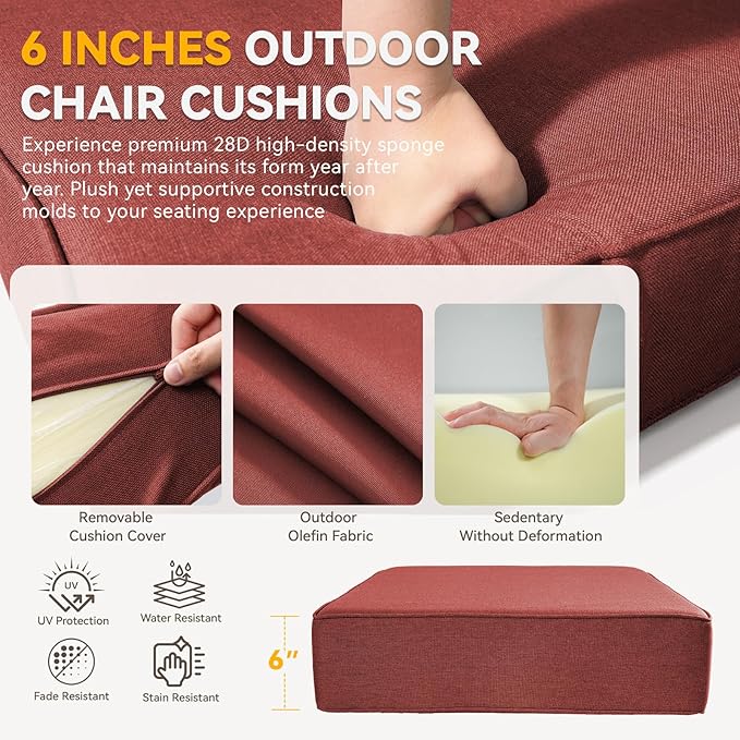 6" Thick Outdoor Chair Cushions - 22"* 24" Patio Furniture Cushions with Water Resistant & Removable Cover, 28D High Density Sponge Patio Cushion for Outdoor Furniture Couch Chair Red