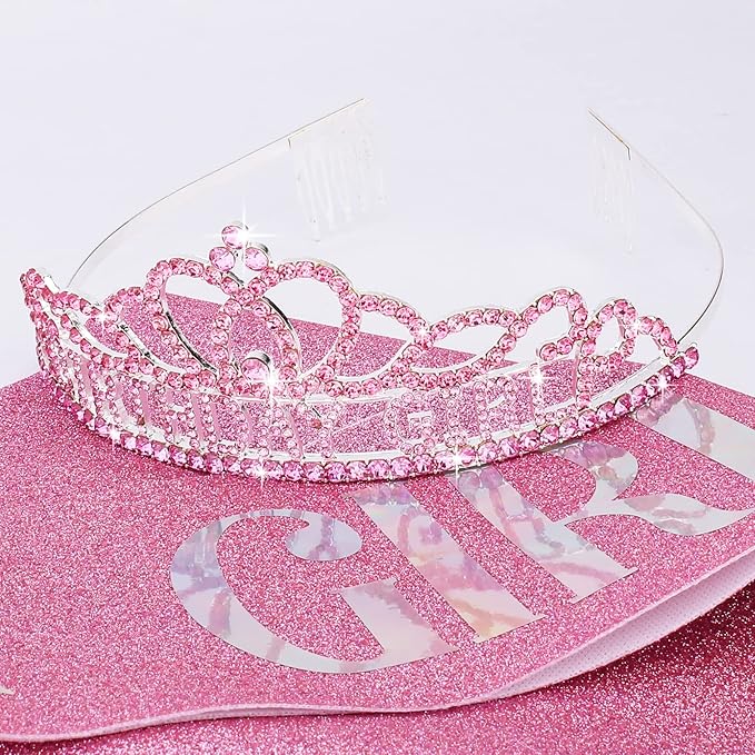 CIEHER Pink Birthday Crown and Sash Set, Women's Princess Birthday Accessory, One Size, Female, Girls