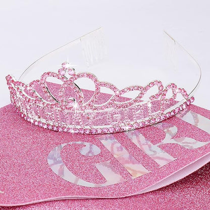 CIEHER Pink Birthday Crown and Sash Set, Women's Princess Birthday Accessory, One Size, Female, Girls