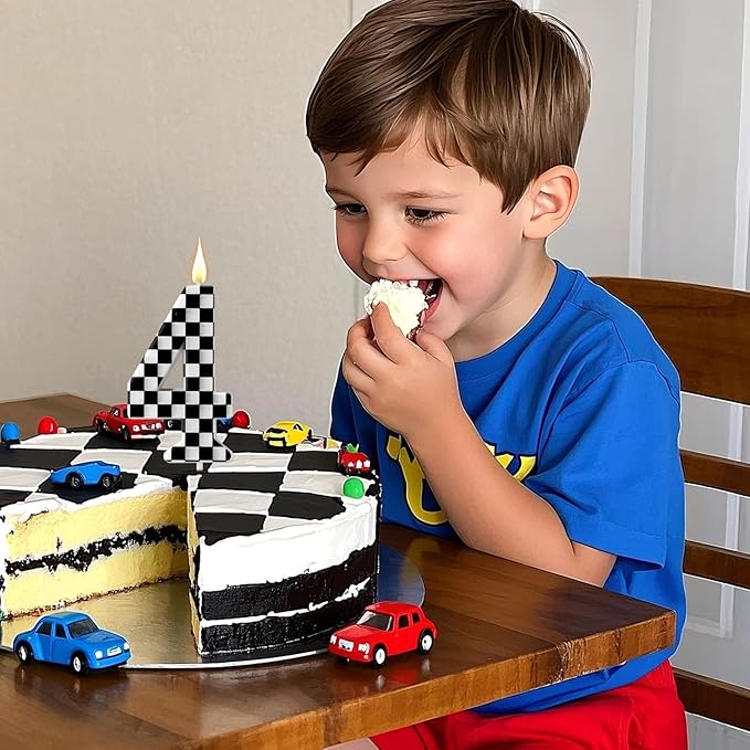 Racing Cars Themed Birthday Candle, Checkered Flag Number Candles Black and White Candles Happy Birthday Cake Topper Party Decorations for Boys Racing Cars Themed Party Supplies (Number 4)