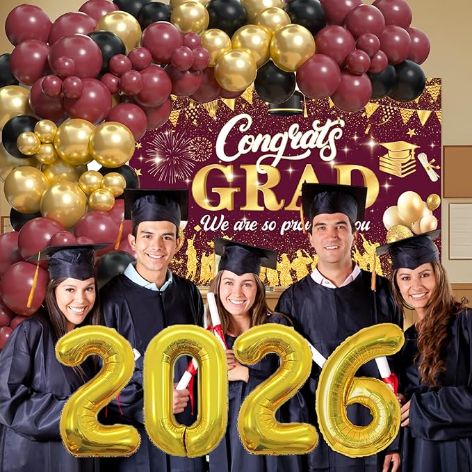 Maroon 2026 Graduation Party Decorations - Graduation Balloon Arch Kit With Maroon Gold Graduation Balloons, Congrats Grad Backdrop, 2026 Foil Balloons For High College School Graduation Decorations