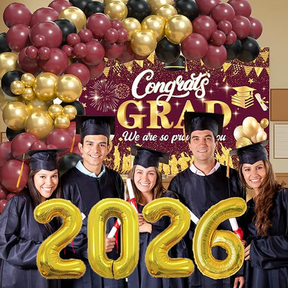 Maroon 2026 Graduation Party Decorations - Graduation Balloon Arch Kit With Maroon Gold Graduation Balloons, Congrats Grad Backdrop, 2026 Foil Balloons For High College School Graduation Decorations