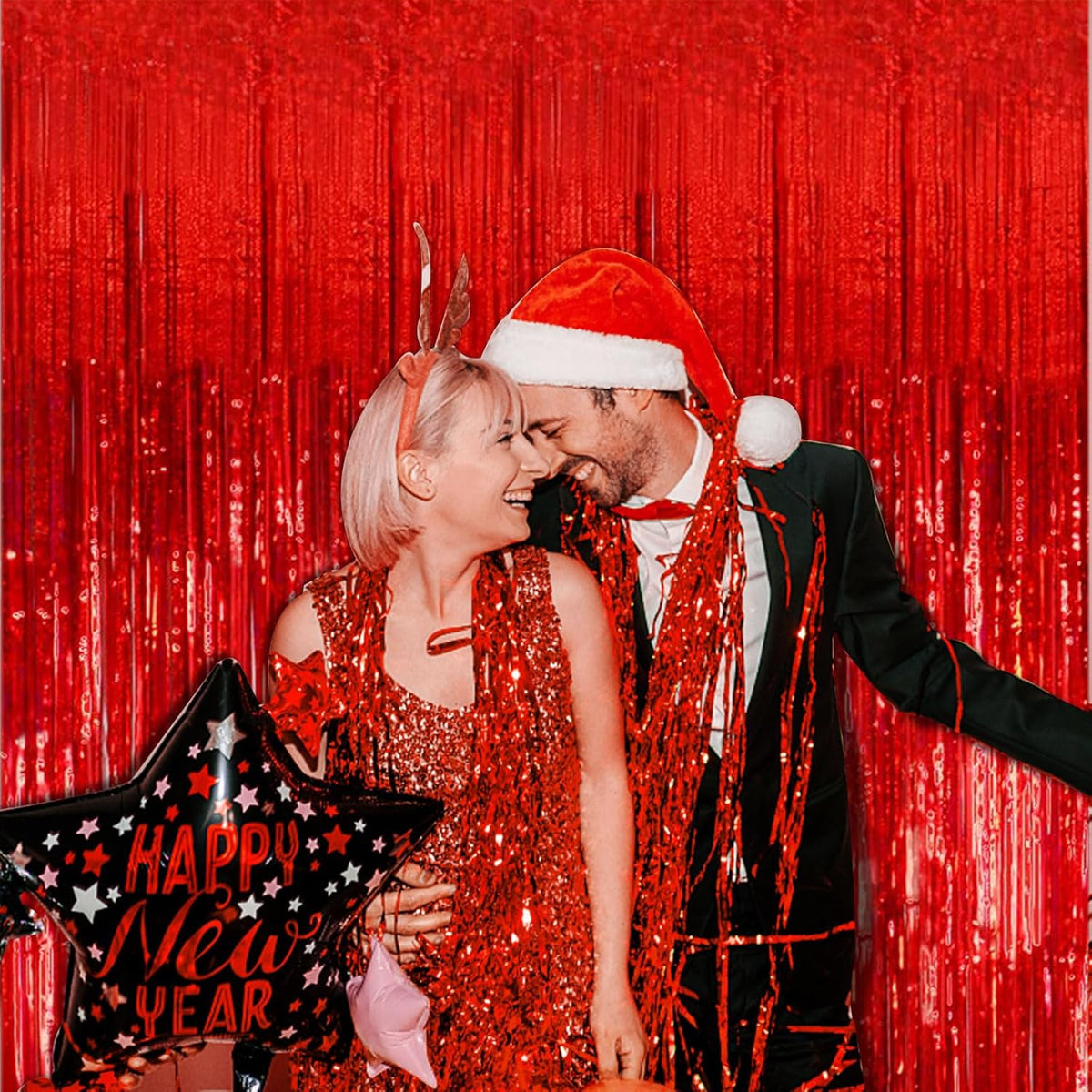 5 Pack Foil Curtain Backdrop Red Metallic Tinsel Foil Fringe Curtains Photo Booth Props for Birthday Wedding Engagement Baby Shower Bachelorette Christmas Holiday Celebration Party Decorations
