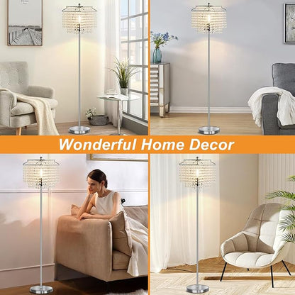 Luvkczc Crystal Floor Lamp, 64" Tall Modern Standing Lamps with Double-Layer Lampshade, On-Off Foot Switch, Silver Finish Pole Lamp for Living Room, Bedroom, Office, 8W Bulb Included