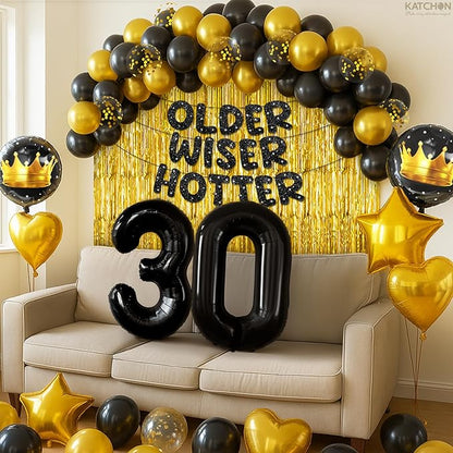 KatchOn, Happy 30th Birthday Decorations - Pack of 50 | Older Wiser Hotter Banner, Latex Balloons Arch Kit, Gold Foil Fringe, Star, Round, Heart Balloons | 30th Birthday Decorations for Women, Men