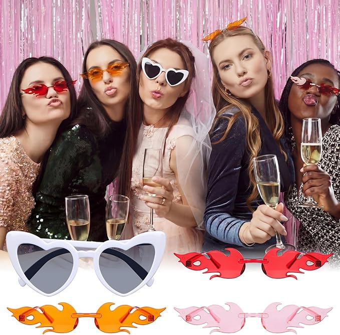 Tellegloww 10 Pairs Bachelorette Party Sunglasses 1 Heart 9 Fire Flame Shaped Sunglasses Fun Trendy Transparent Sun Glasses for Bride Bridesmaids Bachelorette Wedding Party Gifts