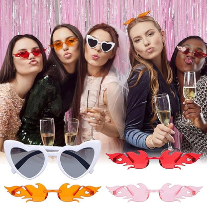 Tellegloww 10 Pairs Bachelorette Party Sunglasses 1 Heart 9 Fire Flame Shaped Sunglasses Fun Trendy Transparent Sun Glasses for Bride Bridesmaids Bachelorette Wedding Party Gifts